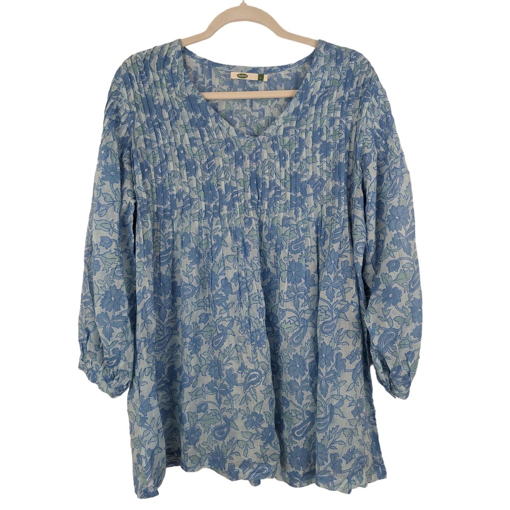 Light Blue Floral Pintuck V-Neck Blouse - Women